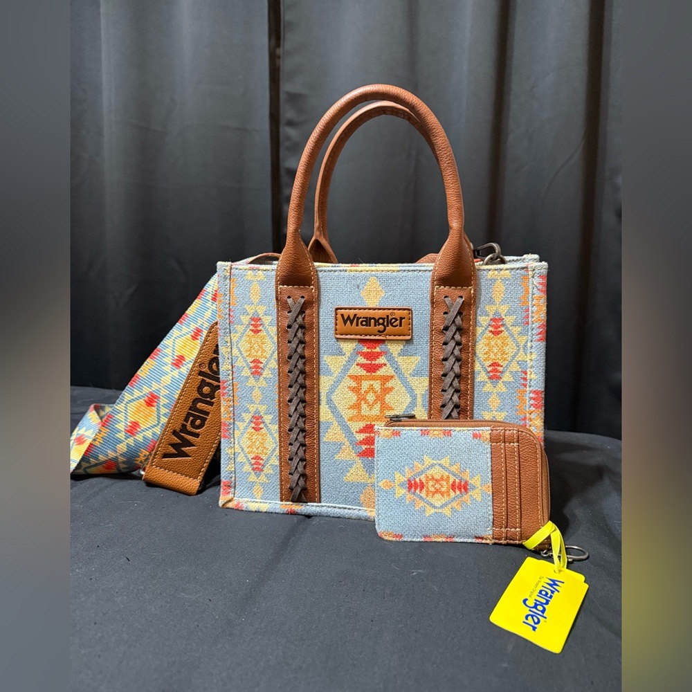 ”Riley” Wrangler Aztec Southwest Canvas Mini Tote Bag With Matching Wallet Set